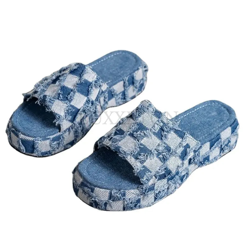 Amara Denim Checkered Slides